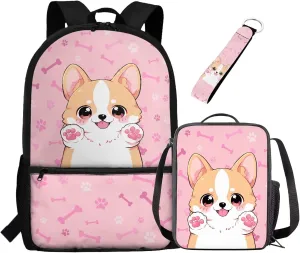 POLERO Cute Cartoon Corgi Backpacks for Dog Lovers Toddler Girls 4-6 Elementary Preschool Schoolbag Set with Lunch Box Keychain 3Pcs Bookbag for Kindergarten Primary School