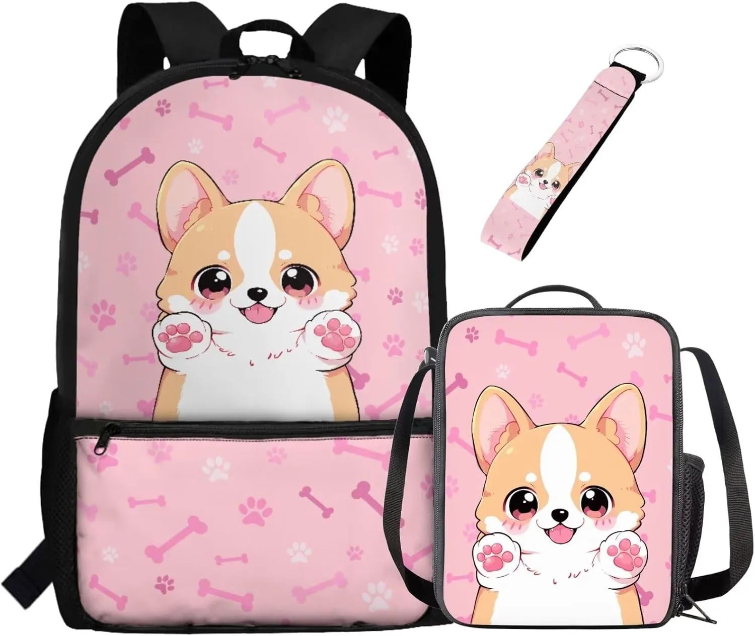 POLERO Cute Cartoon Corgi Backpacks for Dog Lovers Toddler Girls 4-6 Elementary Preschool Schoolbag Set with Lunch Box Keychain 3Pcs Bookbag for Kindergarten Primary School