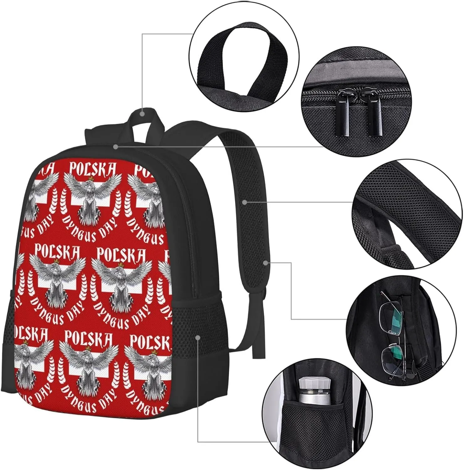 Polish Flag Poland Polska Eagle Flag Dyngus Day Casual Backpacks Large Capacity Backpack Laptop Rucksack Sport Daypack Commuter Bags with Adjustable Strap for Traveling Camping