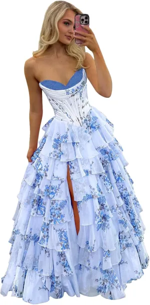 POMUYOO Tiered Floral Prom Dresses 2025 Long Ruffle Corset Chiffon Formal Evening Party Gowns