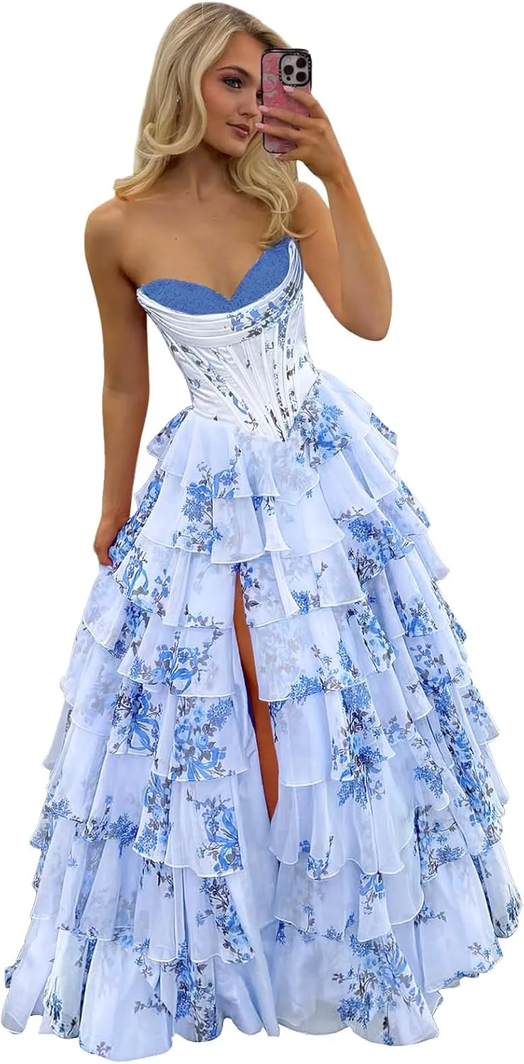 POMUYOO Tiered Floral Prom Dresses 2025 Long Ruffle Corset Chiffon Formal Evening Party Gowns
