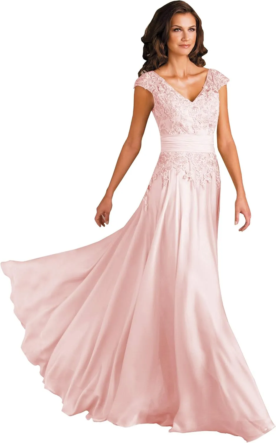 POMUYOO Women's V-Neck Mother of The Bride Dresses Long A-Line Lace Chiffon Formal Dress with Sleeves