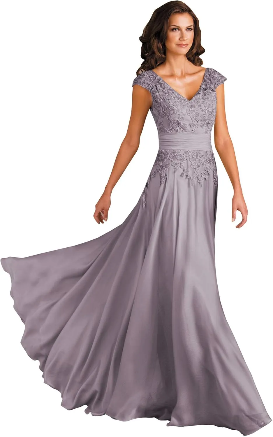 POMUYOO Women's V-Neck Mother of The Bride Dresses Long A-Line Lace Chiffon Formal Dress with Sleeves