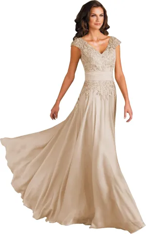 POMUYOO Women's V-Neck Mother of The Bride Dresses Long A-Line Lace Chiffon Formal Dress with Sleeves