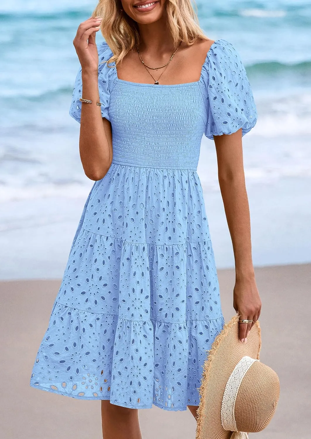 PRETTYGARDEN Womens Summer Puff Sleeve Mini Dress Off Shoulder Eyelet Smocked A Line Casual Babydoll Short Dresses