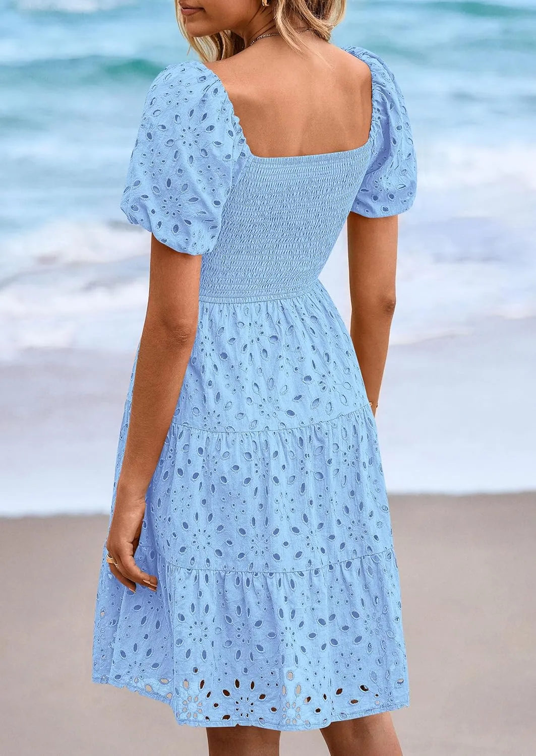 PRETTYGARDEN Womens Summer Puff Sleeve Mini Dress Off Shoulder Eyelet Smocked A Line Casual Babydoll Short Dresses