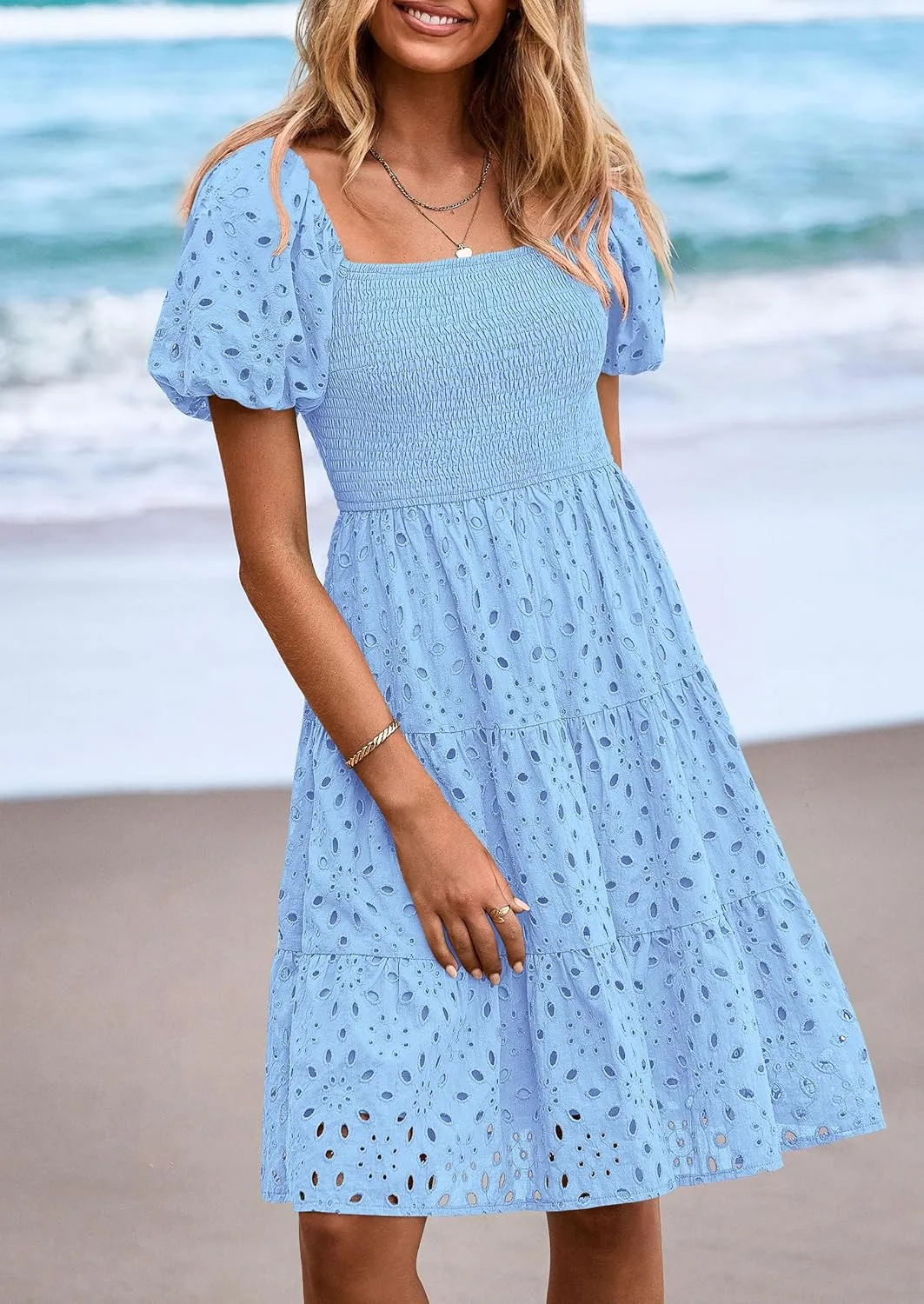 PRETTYGARDEN Womens Summer Puff Sleeve Mini Dress Off Shoulder Eyelet Smocked A Line Casual Babydoll Short Dresses