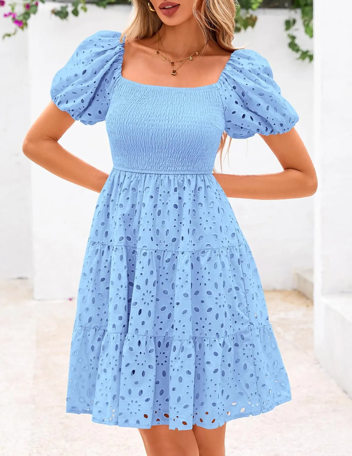 PRETTYGARDEN Womens Summer Puff Sleeve Mini Dress Off Shoulder Eyelet Smocked A Line Casual Babydoll Short Dresses
