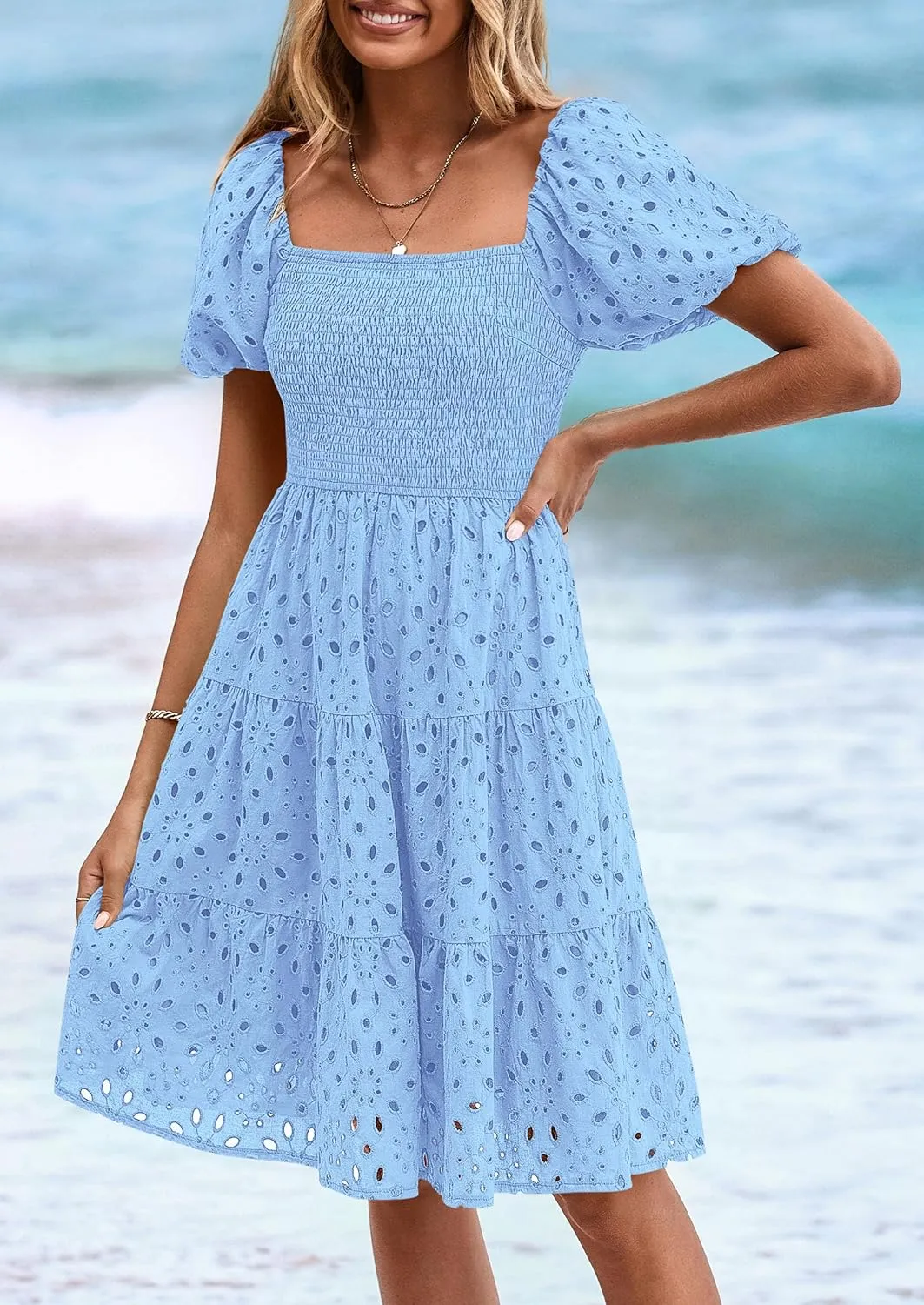 PRETTYGARDEN Womens Summer Puff Sleeve Mini Dress Off Shoulder Eyelet Smocked A Line Casual Babydoll Short Dresses