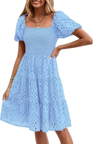 PRETTYGARDEN Womens Summer Puff Sleeve Mini Dress Off Shoulder Eyelet Smocked A Line Casual Babydoll Short Dresses