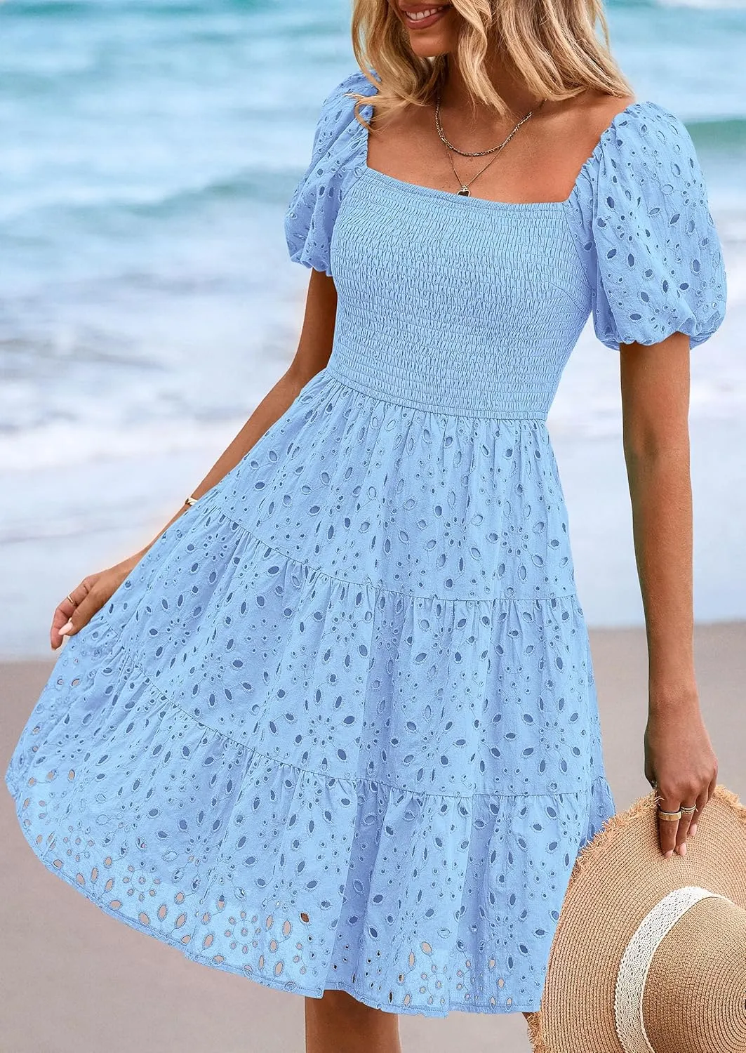 PRETTYGARDEN Womens Summer Puff Sleeve Mini Dress Off Shoulder Eyelet Smocked A Line Casual Babydoll Short Dresses