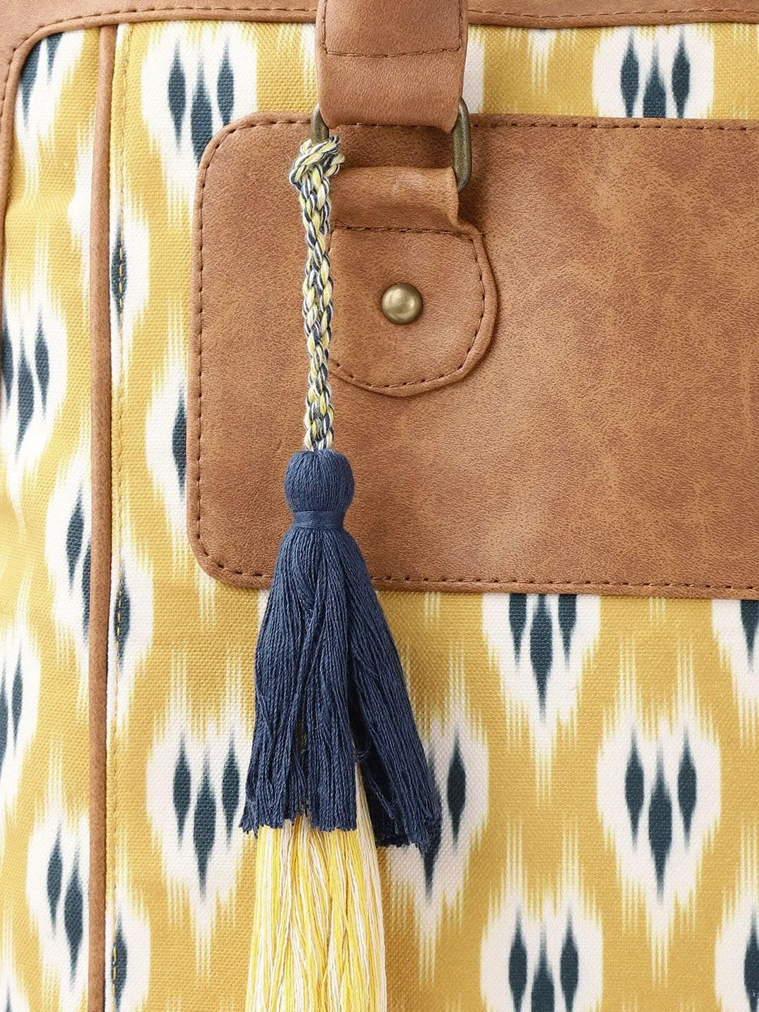 PRIMROSE Yellow & Green Ikat Printed Shoulder Bag with Tasselled