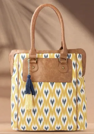 PRIMROSE Yellow & Green Ikat Printed Shoulder Bag with Tasselled