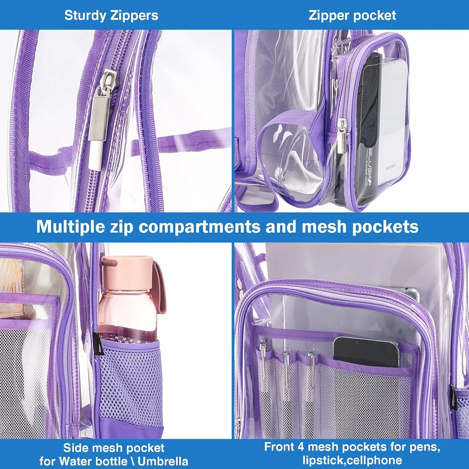 ProCase Heavy Duty Clear Backpack, See Through Backpacks Transparent Clear Large Bookbag for School Work Stadium Security -Purple