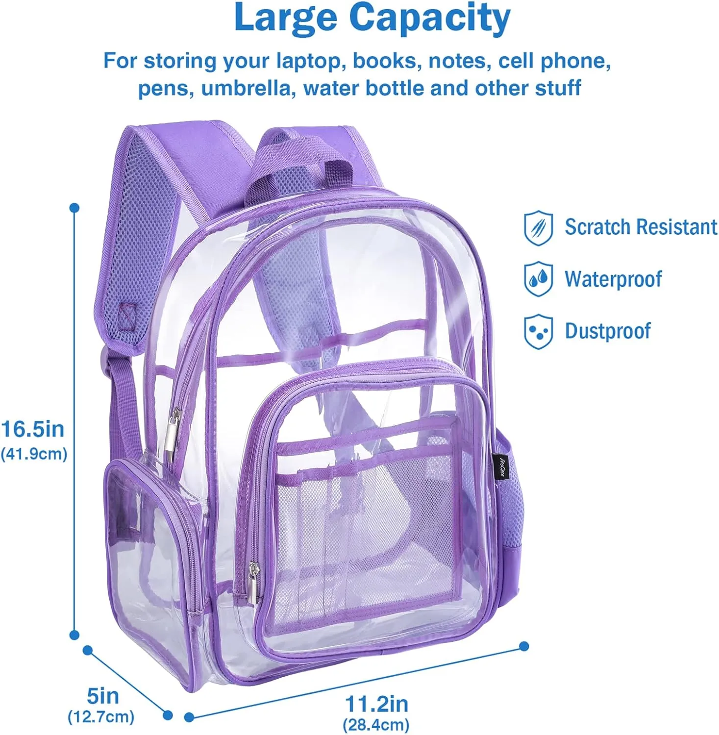 ProCase Heavy Duty Clear Backpack, See Through Backpacks Transparent Clear Large Bookbag for School Work Stadium Security -Purple