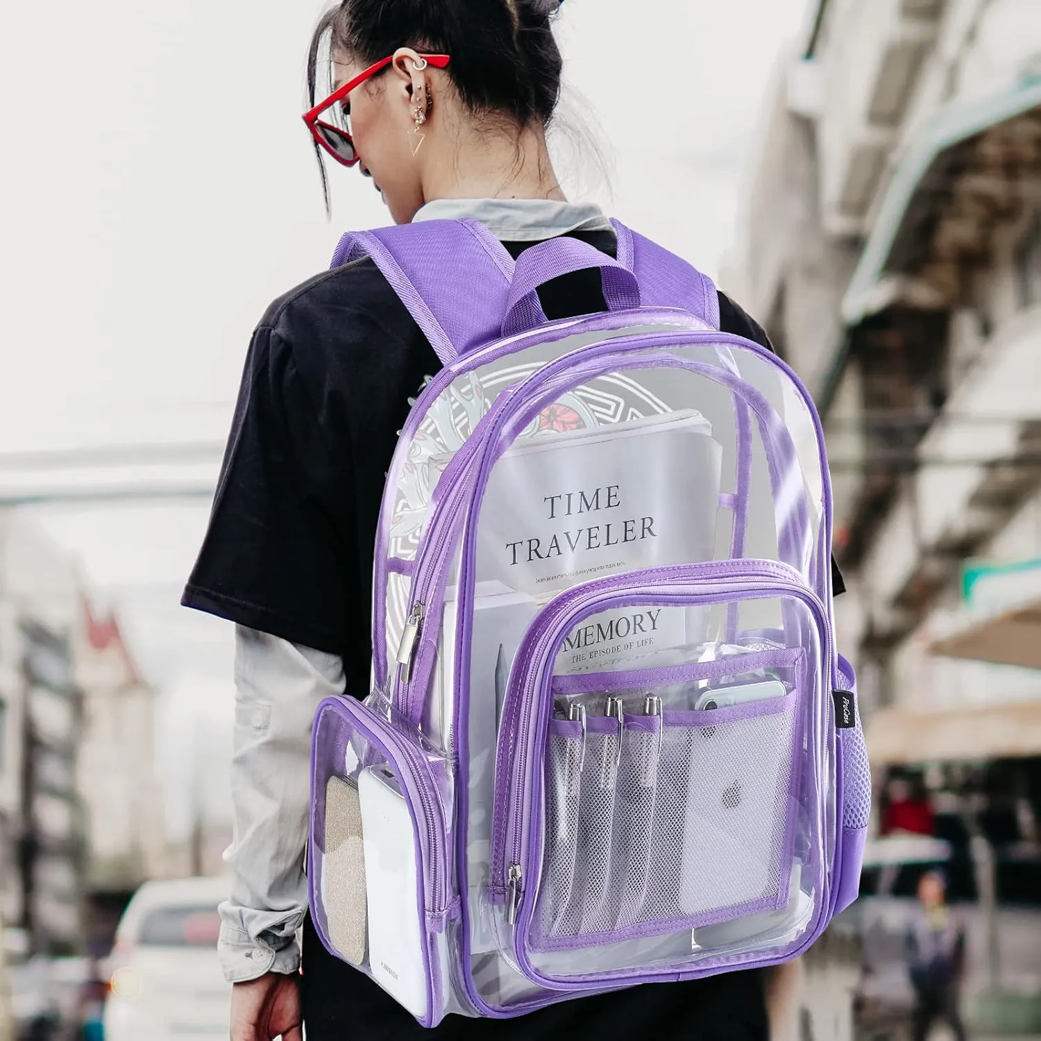 ProCase Heavy Duty Clear Backpack, See Through Backpacks Transparent Clear Large Bookbag for School Work Stadium Security -Purple