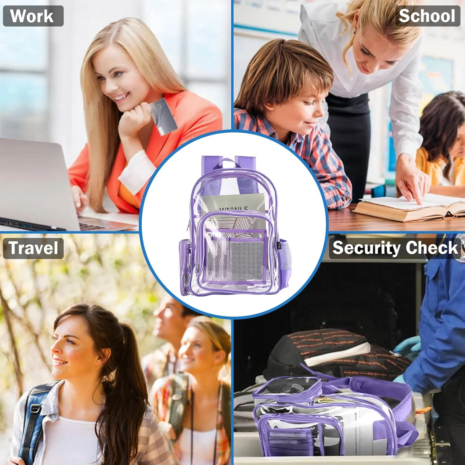ProCase Heavy Duty Clear Backpack, See Through Backpacks Transparent Clear Large Bookbag for School Work Stadium Security -Purple