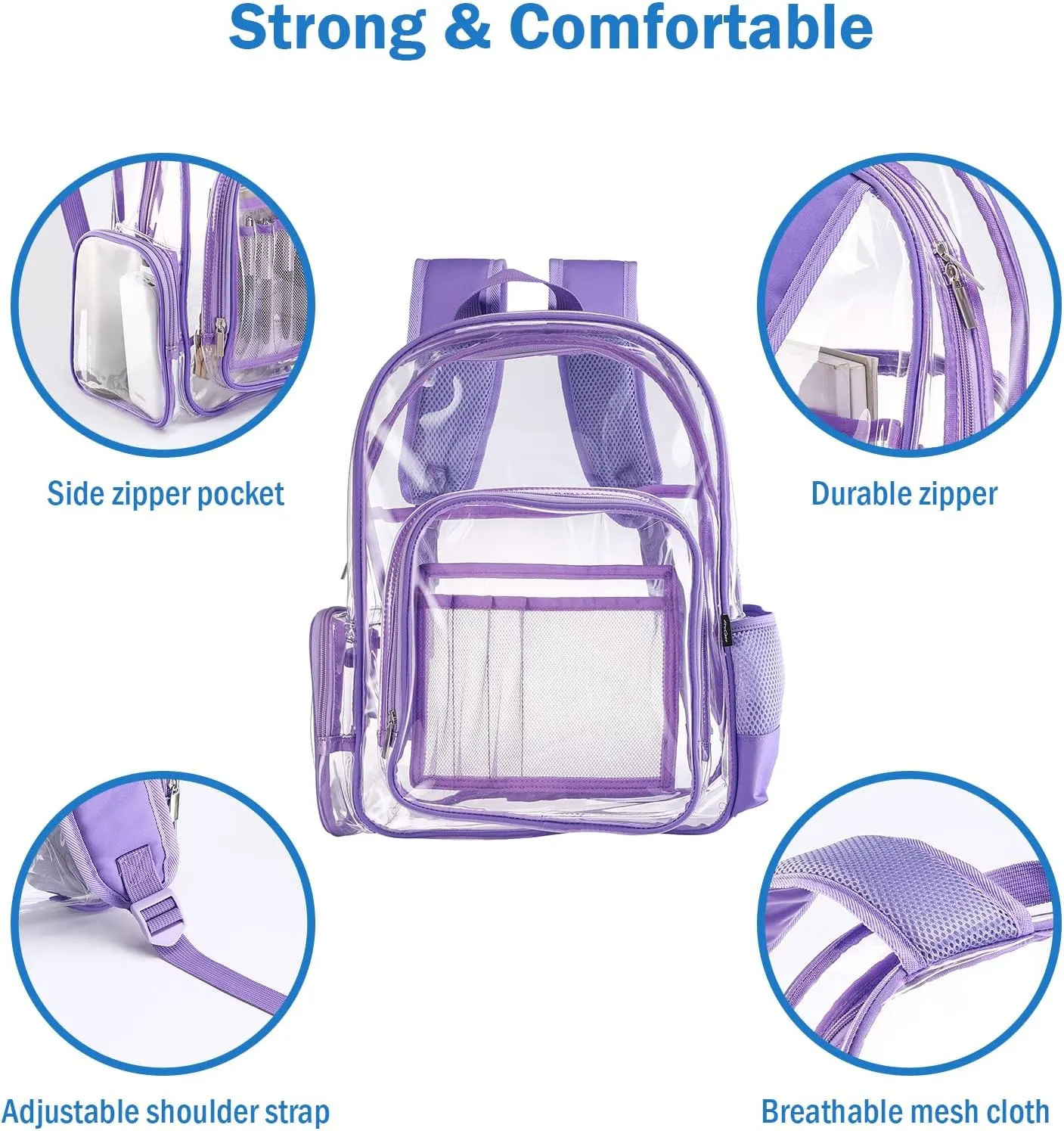 ProCase Heavy Duty Clear Backpack, See Through Backpacks Transparent Clear Large Bookbag for School Work Stadium Security -Purple