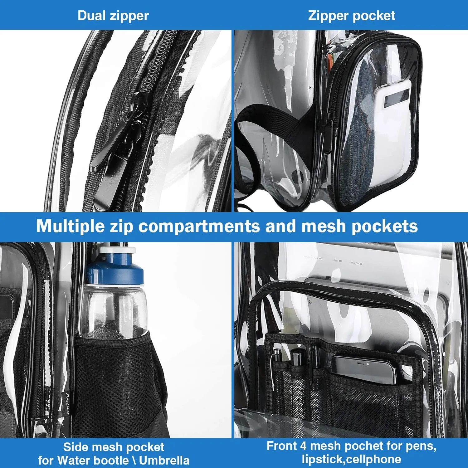 ProCase Heavy Duty Clear Backpack, See Through Backpacks Transparent Clear Large Bookbag for School Work Stadium Security