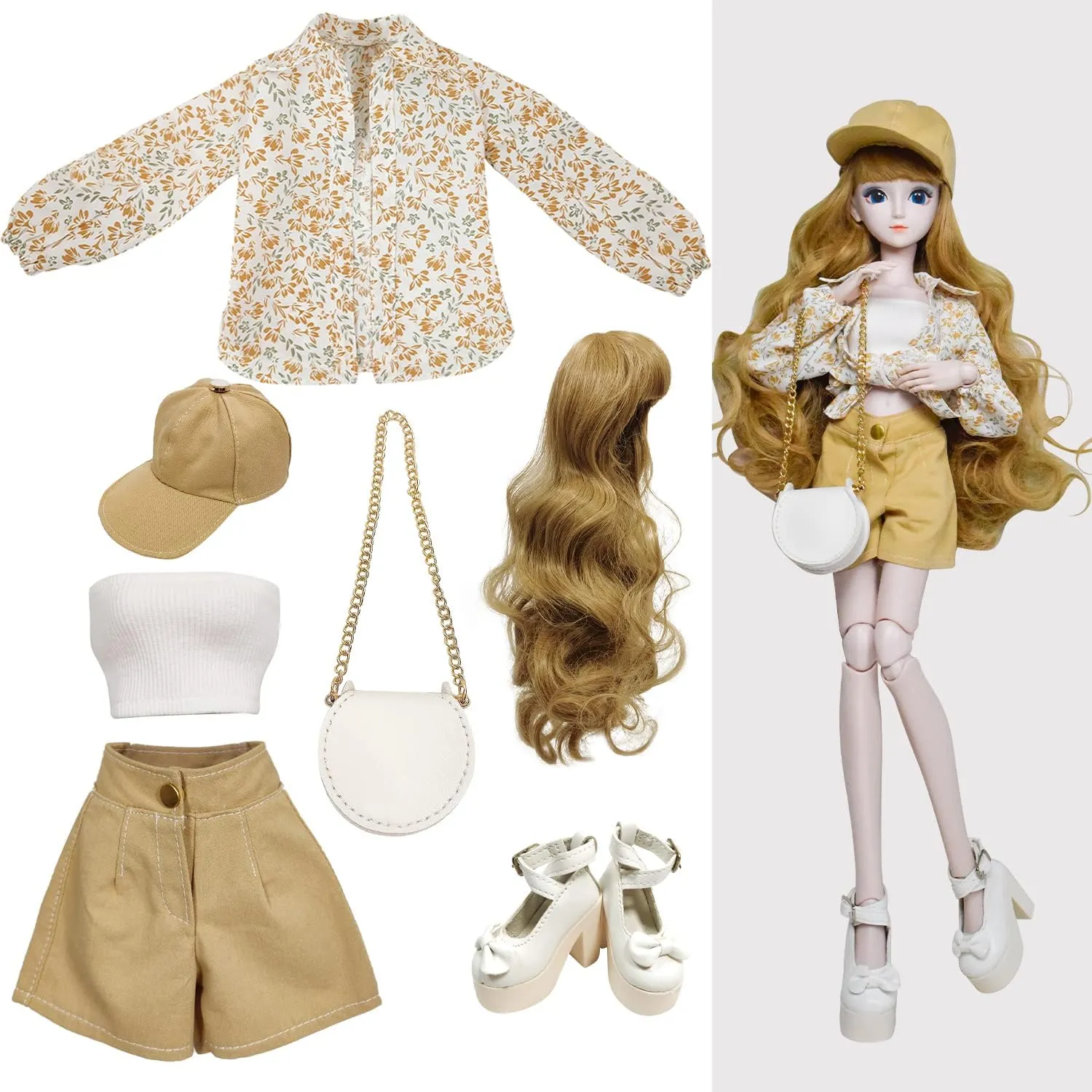 Proudoll 1/3 BJD Doll Clothes Outfit Set - Handcrafted Stylish Floral Blouse, Tank, Short, Cap, Wig, Cross-Body Bag, and High Heel, Compatible with 1/3 60cm 24in SD Dolls
