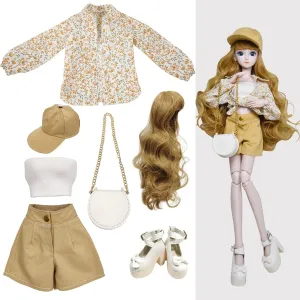 Proudoll 1/3 BJD Doll Clothes Outfit Set - Handcrafted Stylish Floral Blouse, Tank, Short, Cap, Wig, Cross-Body Bag, and High Heel, Compatible with 1/3 60cm 24in SD Dolls