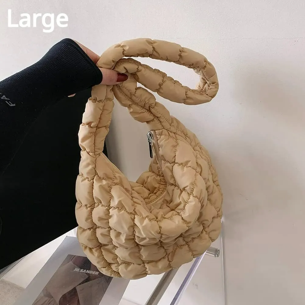 Puffer Tote Bag for Women Quilted Puffy Crossbody Lightweight Down Shoulder Bag Trendy Cotton Padded Hobo Handbag