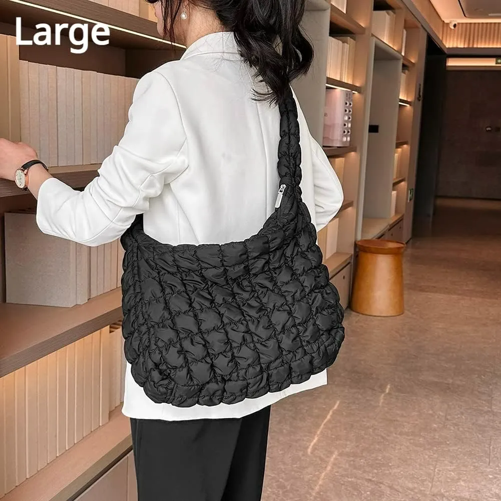 Puffer Tote Bag for Women Quilted Puffy Crossbody Lightweight Down Shoulder Bag Trendy Cotton Padded Hobo Handbag