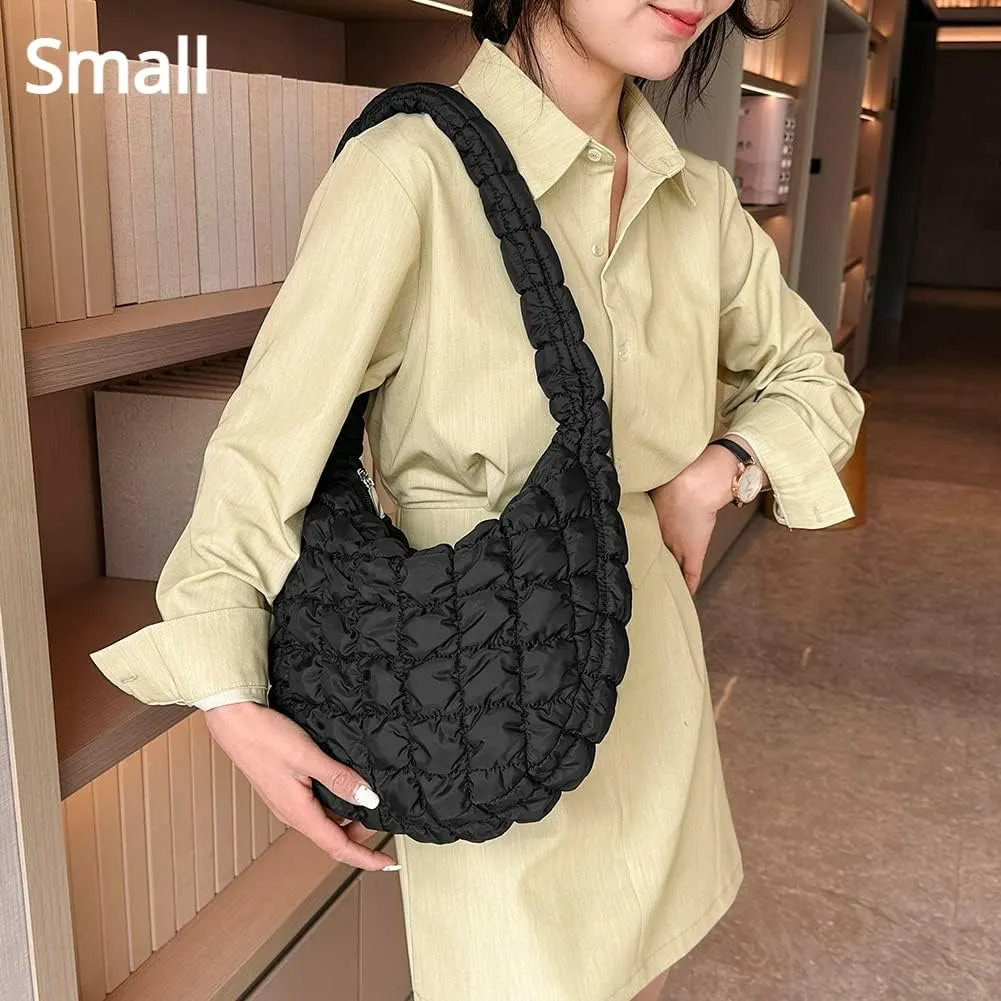 Puffer Tote Bag for Women Quilted Puffy Crossbody Lightweight Down Shoulder Bag Trendy Cotton Padded Hobo Handbag