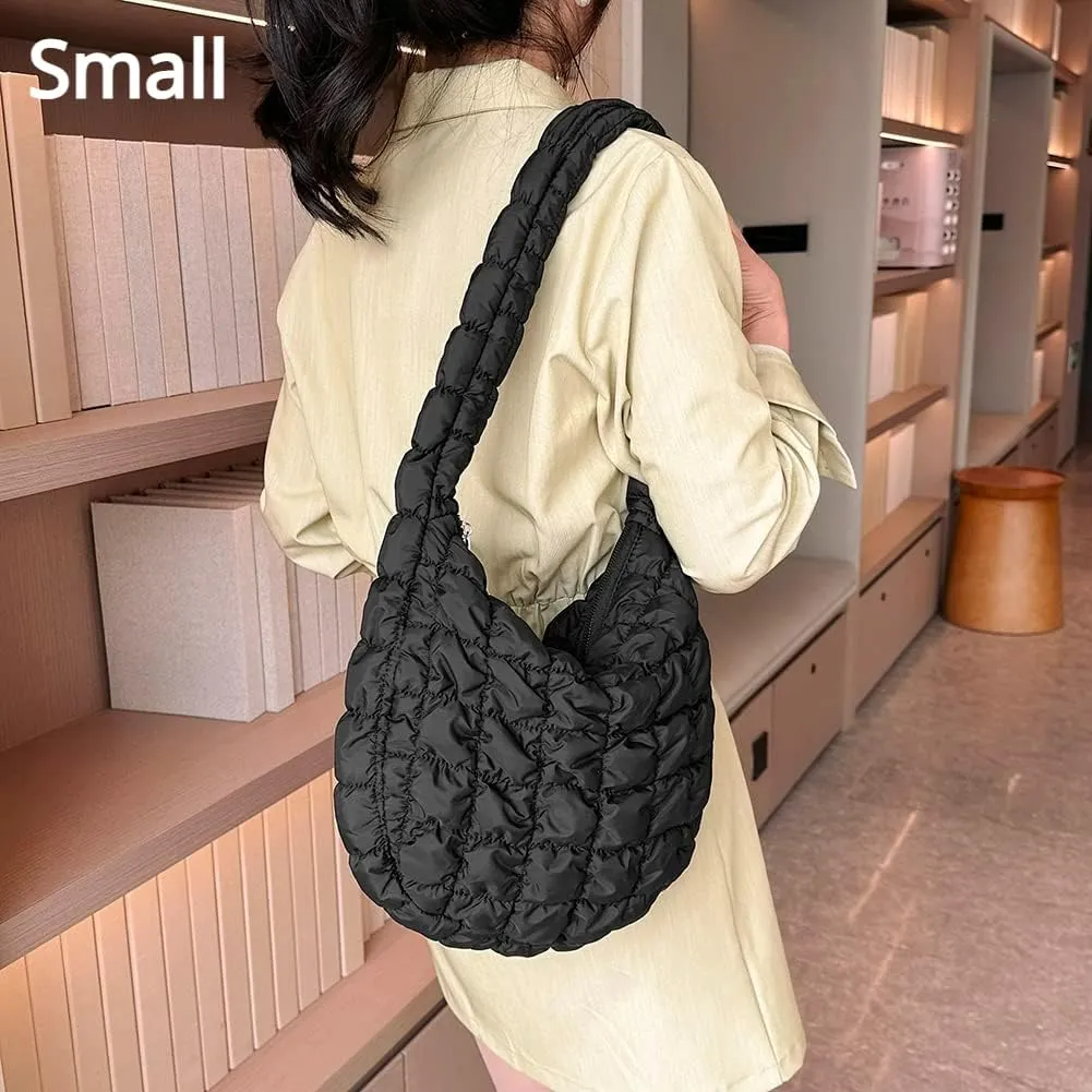 Puffer Tote Bag for Women Quilted Puffy Crossbody Lightweight Down Shoulder Bag Trendy Cotton Padded Hobo Handbag