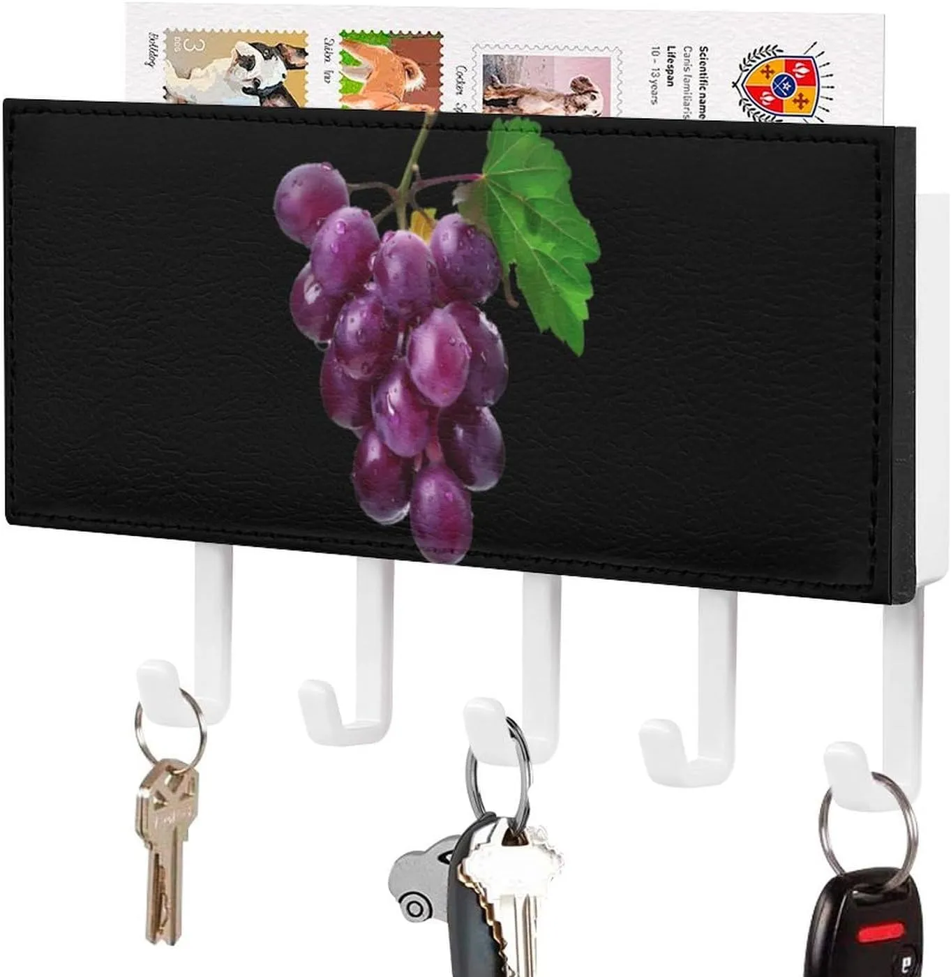 Purple Grape Fruit Novelty Key Holder Printed Keys Hook Mail Organizer Hanging Rack Decor with 5 Hooks for Wall