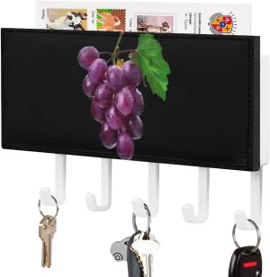 Purple Grape Fruit Novelty Key Holder Printed Keys Hook Mail Organizer Hanging Rack Decor with 5 Hooks for Wall