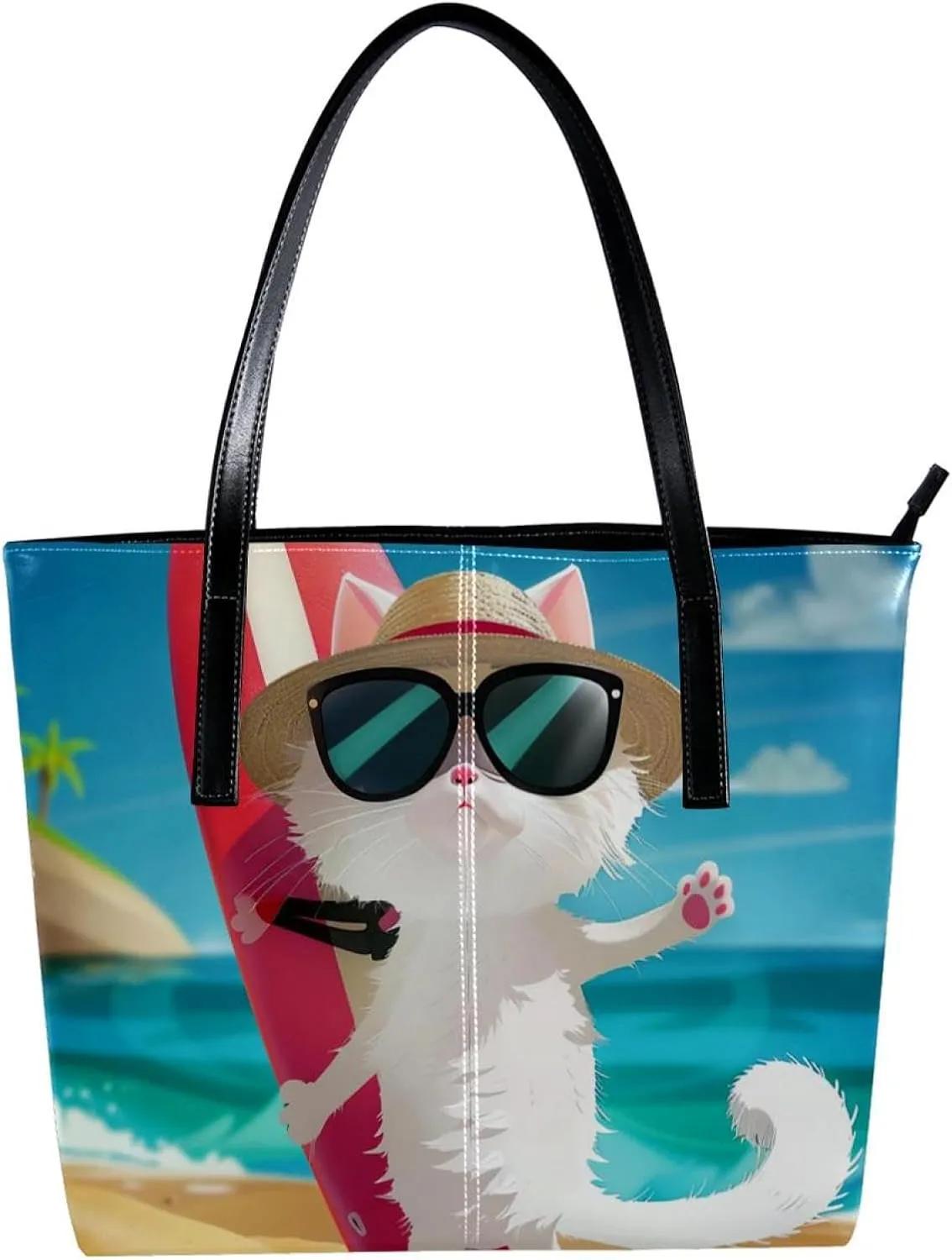 Purses for Women,Tote Bag Aesthetic,Women's Tote Handbags,Cat Enjoy Beach