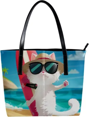Purses for Women,Tote Bag Aesthetic,Women's Tote Handbags,Cat Enjoy Beach