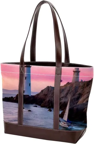 Purses for Women,Tote Bag for Women,Handbags for Women,White Lighthouse Pink Sky