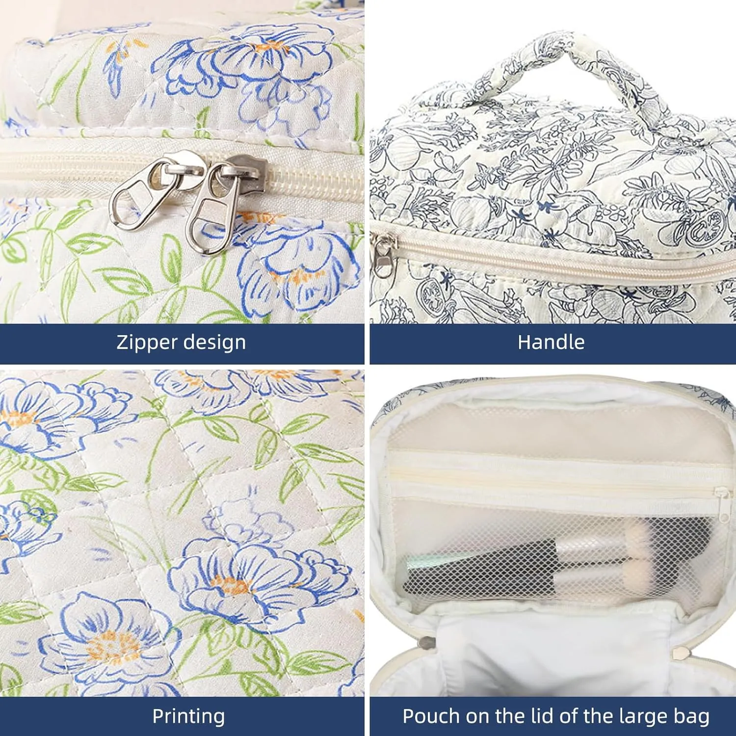 Quilted Floral Makeup Bag 3PCS, Cute Cotton Coquette Aesthetic Travel Toiletry Bag, Zipper Cosmetic Pouch, Daily Travel Use Skincare Bag, Large Capacity (Blue Ink Floral)
