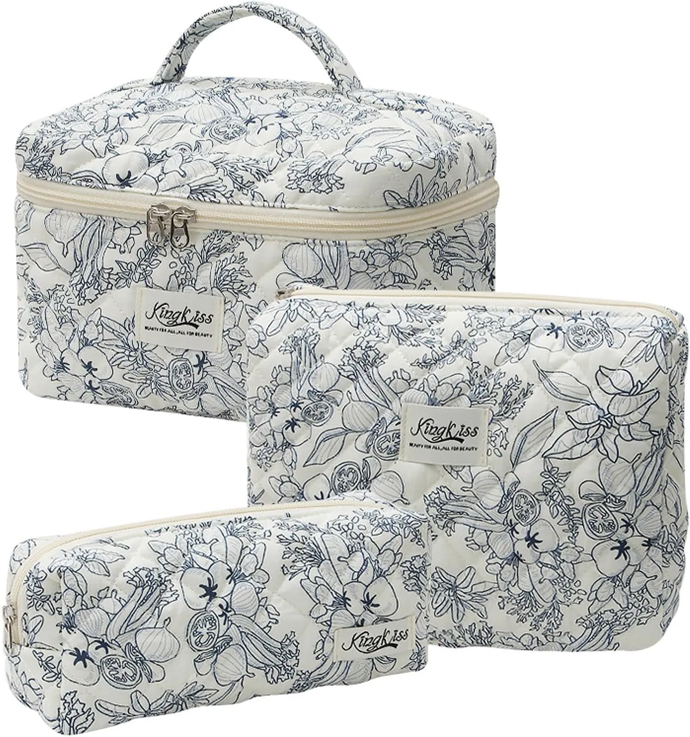 Quilted Floral Makeup Bag 3PCS, Cute Cotton Coquette Aesthetic Travel Toiletry Bag, Zipper Cosmetic Pouch, Daily Travel Use Skincare Bag, Large Capacity (Blue Ink Floral)