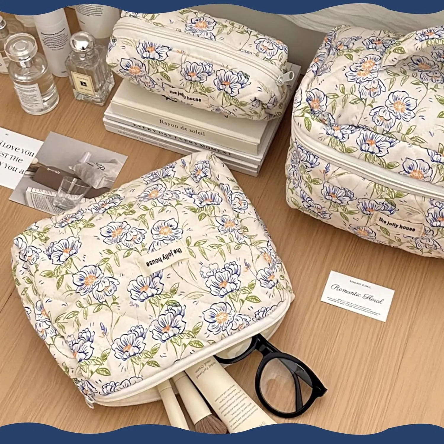 Quilted Floral Makeup Bag 3PCS, Cute Cotton Coquette Aesthetic Travel Toiletry Bag, Zipper Cosmetic Pouch, Daily Travel Use Skincare Bag, Large Capacity (Blue Ink Floral)