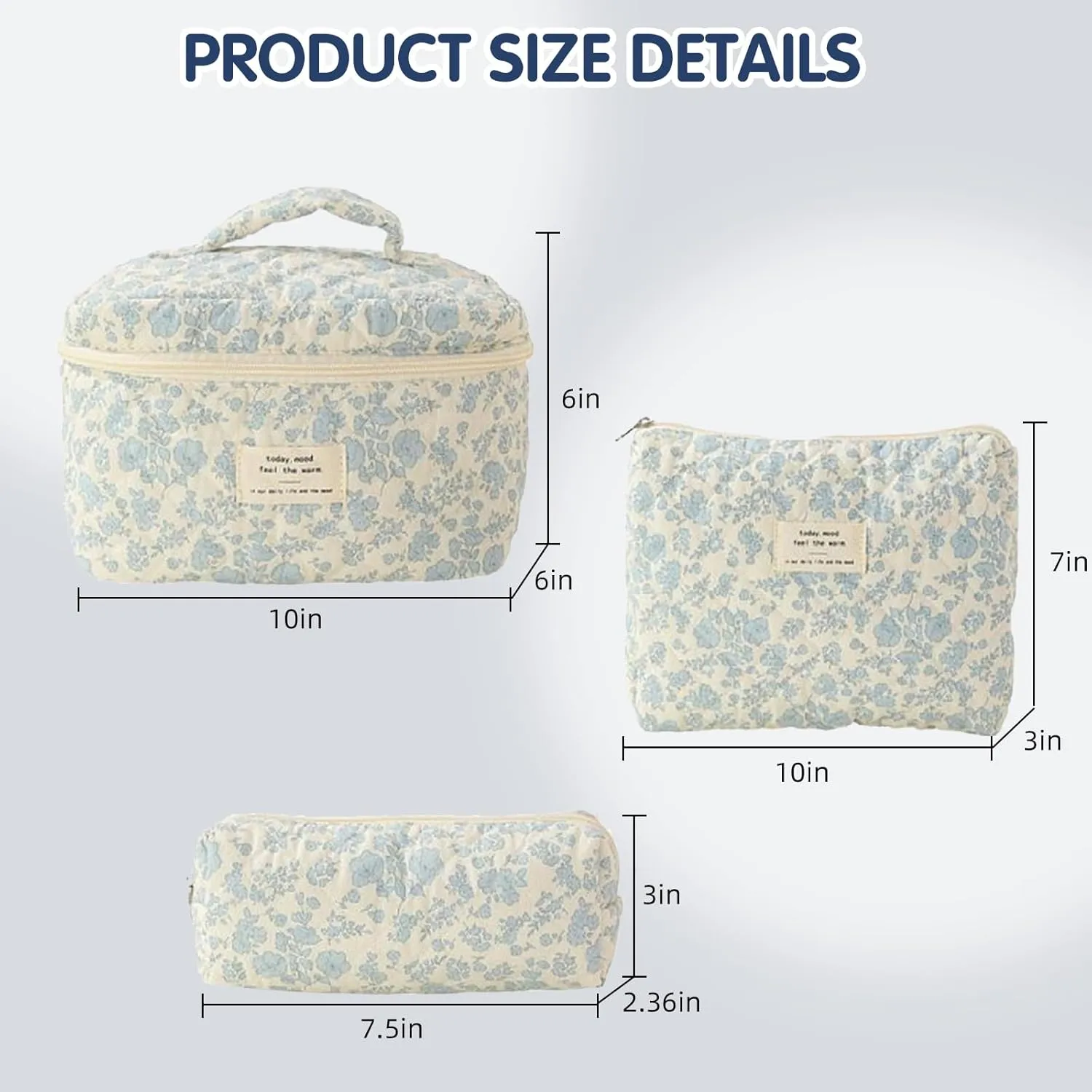 Quilted Floral Makeup Bag 3PCS, Cute Cotton Coquette Aesthetic Travel Toiletry Bag, Zipper Cosmetic Pouch, Daily Travel Use Skincare Bag, Large Capacity (Blue Ink Floral)