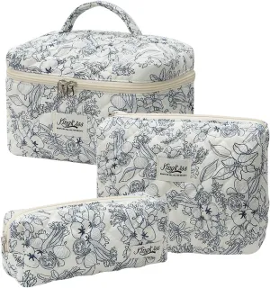 Quilted Floral Makeup Bag 3PCS, Cute Cotton Coquette Aesthetic Travel Toiletry Bag, Zipper Cosmetic Pouch, Daily Travel Use Skincare Bag, Large Capacity (Blue Ink Floral)