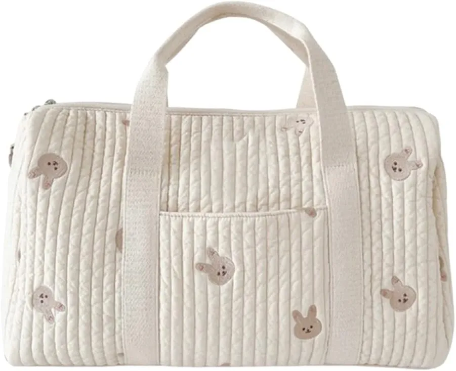 Quilted Travel Duffle Bag for Women Diaper Bag Embroidered Nappy Organizer Cute Cartoon Messenger Bag with Zipper M