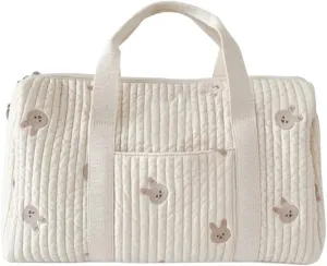Quilted Travel Duffle Bag for Women Diaper Bag Embroidered Nappy Organizer Cute Cartoon Messenger Bag with Zipper M