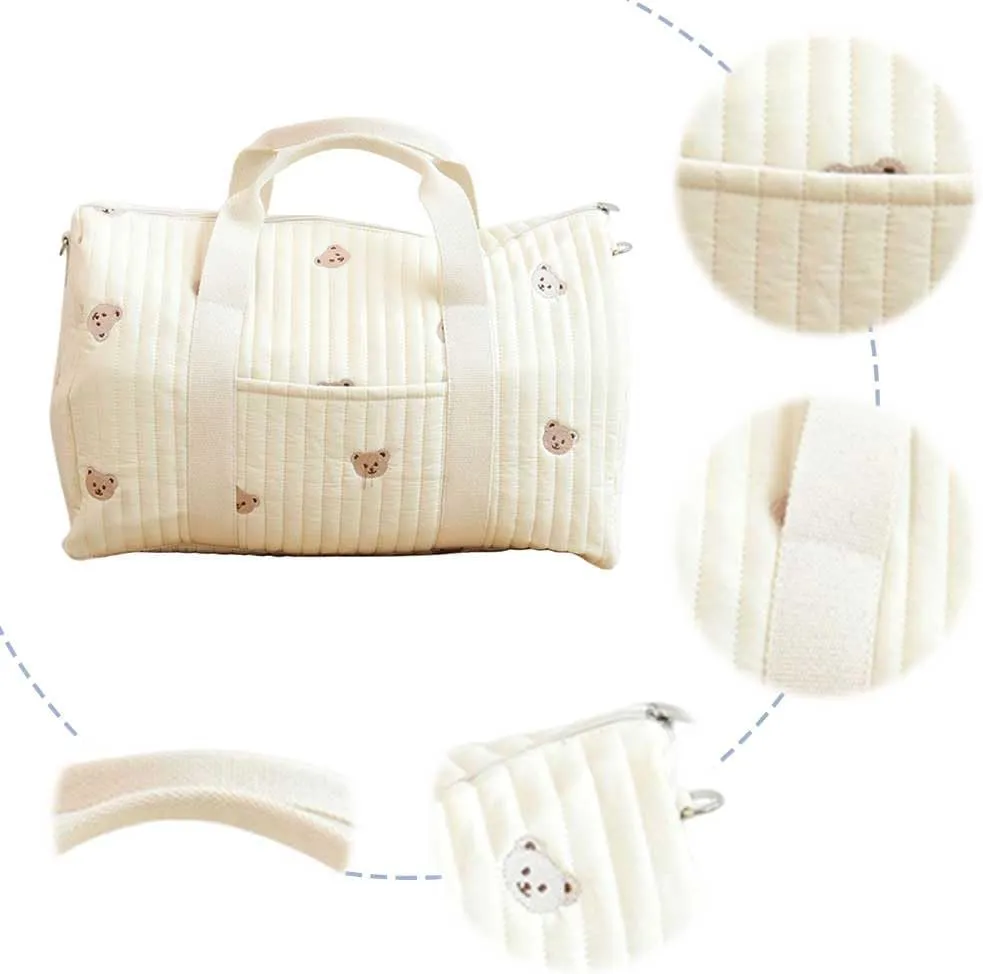 Quilted Travel Duffle Bag for Women Diaper Bag Embroidered Nappy Organizer Cute Cartoon Messenger Bag with Zipper M