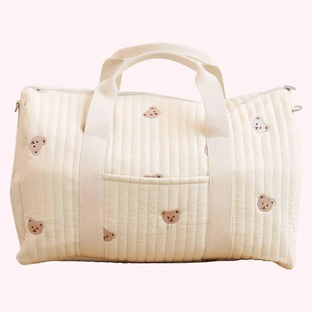 Quilted Travel Duffle Bag for Women Diaper Bag Embroidered Nappy Organizer Cute Cartoon Messenger Bag with Zipper M