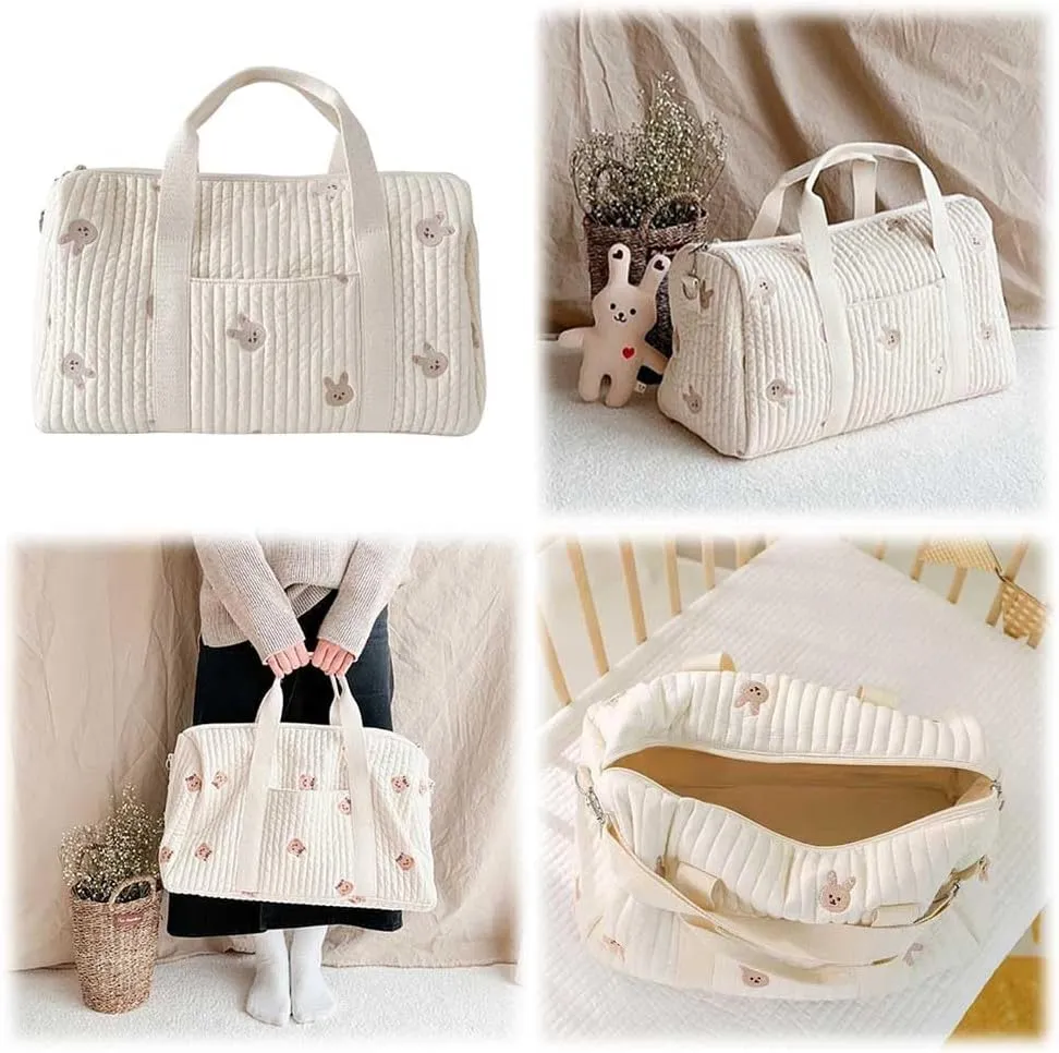 Quilted Travel Duffle Bag for Women Diaper Bag Embroidered Nappy Organizer Cute Cartoon Messenger Bag with Zipper M
