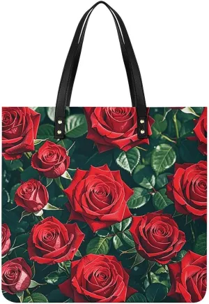 Red Rose Romantic Leather Handbags Crossbody Bags for Women Trendy Vegan Purses Shoulder Handbags with Wide Shoulder Strap And Zipper