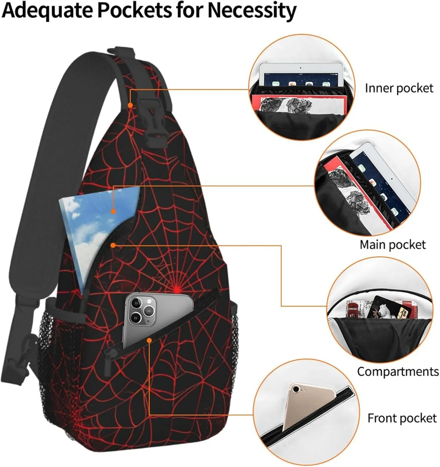 Red Spider Web Sling Backpack Crossbody Bag, Chest Bag Daypack for Outdoors Hiking Traveling