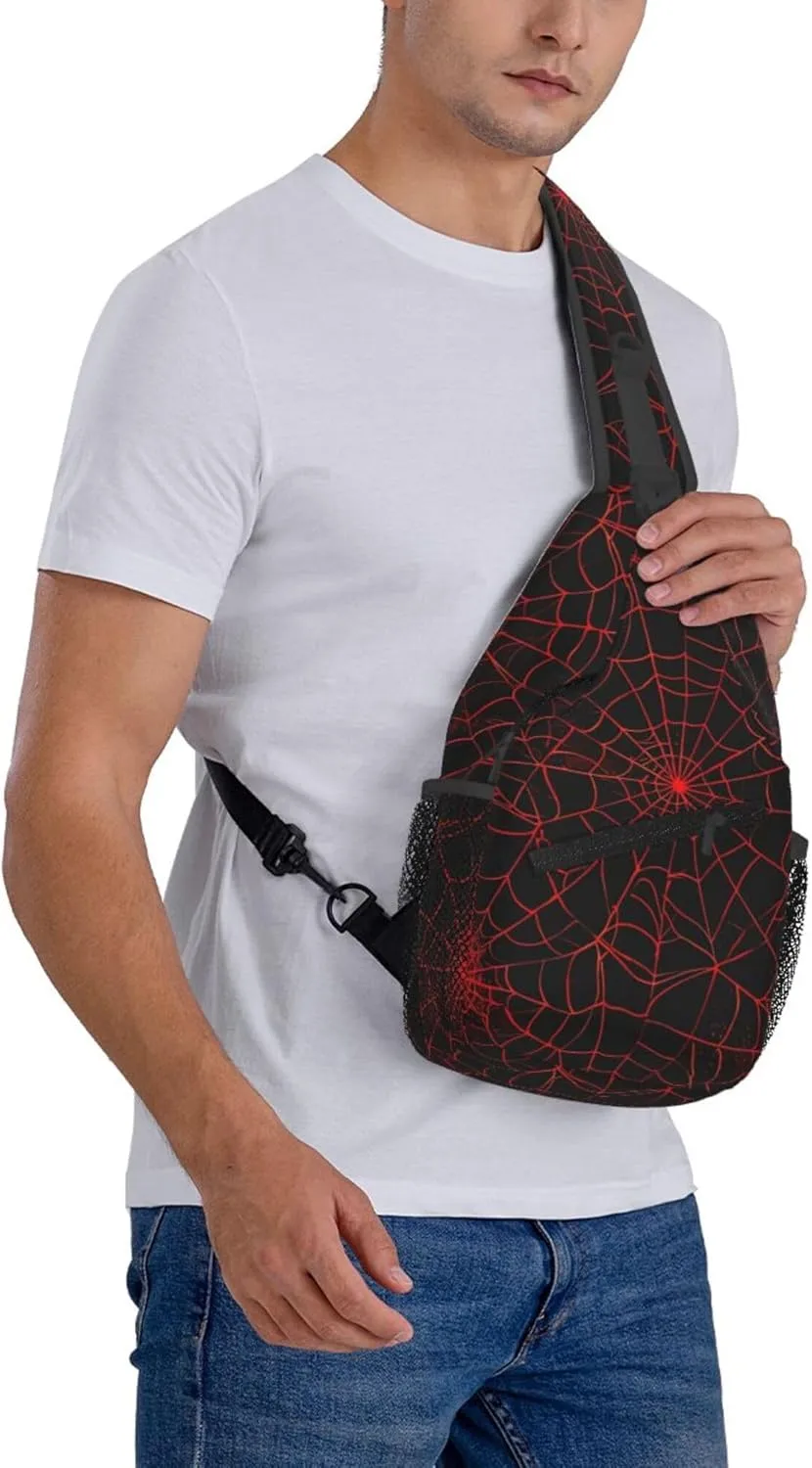 Red Spider Web Sling Backpack Crossbody Bag, Chest Bag Daypack for Outdoors Hiking Traveling