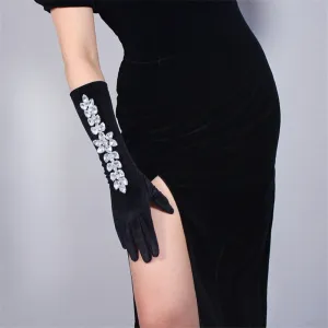 Rhinestone Black Velvet Gloves (40cm)