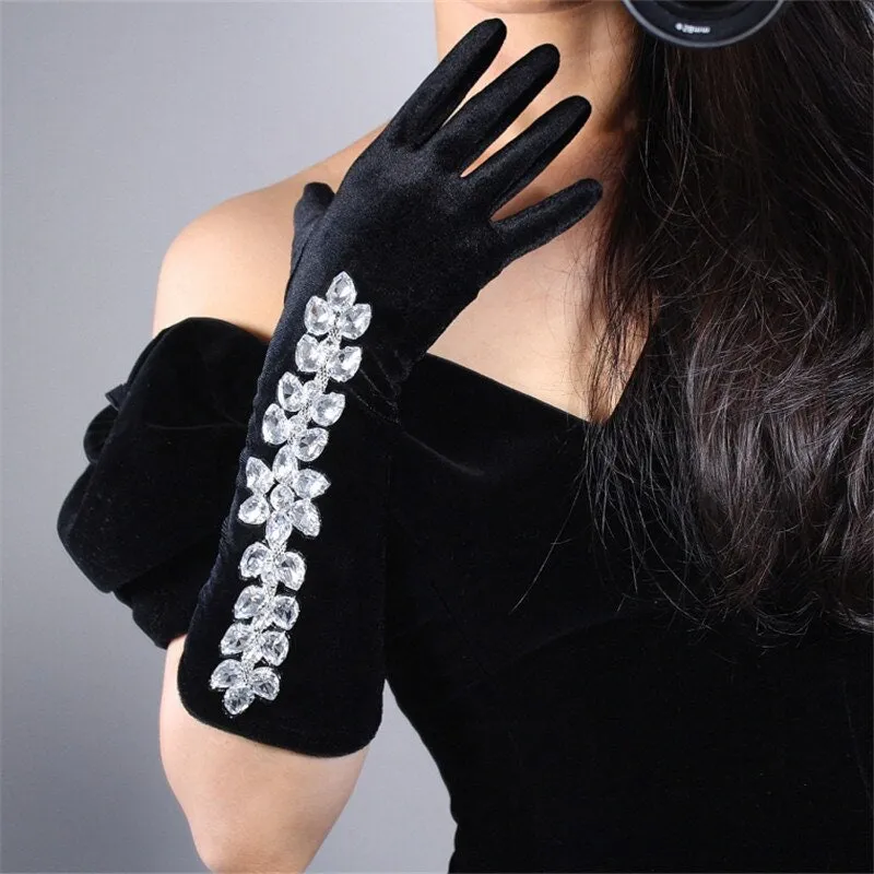 Rhinestone Black Velvet Gloves (40cm)