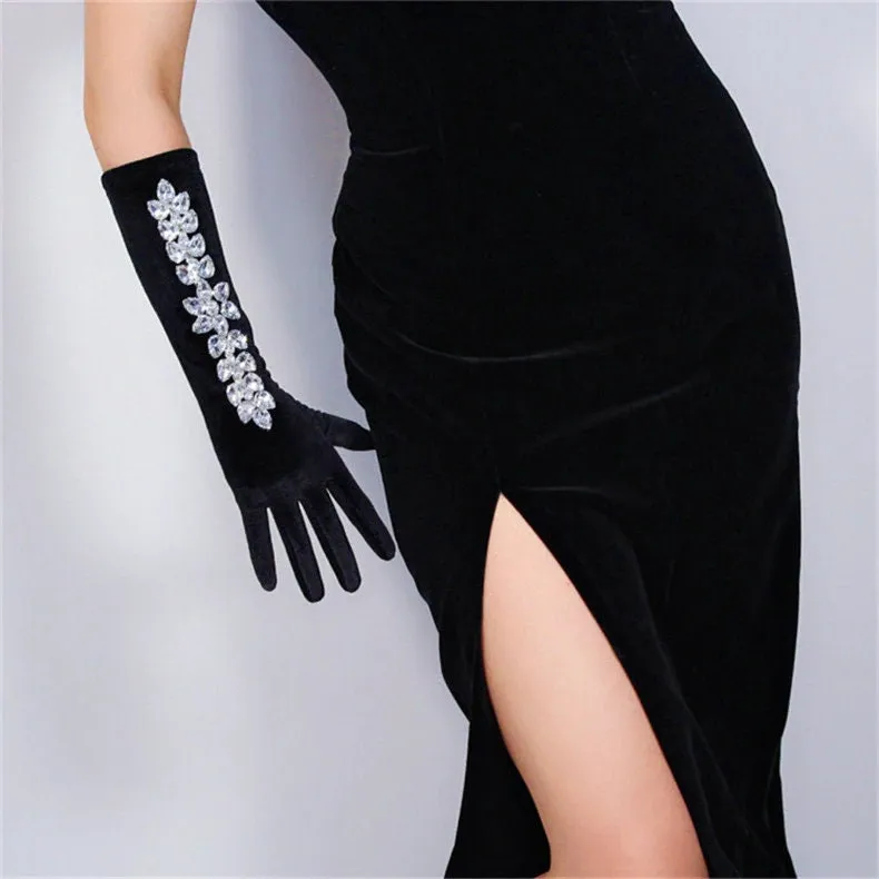 Rhinestone Black Velvet Gloves (40cm)